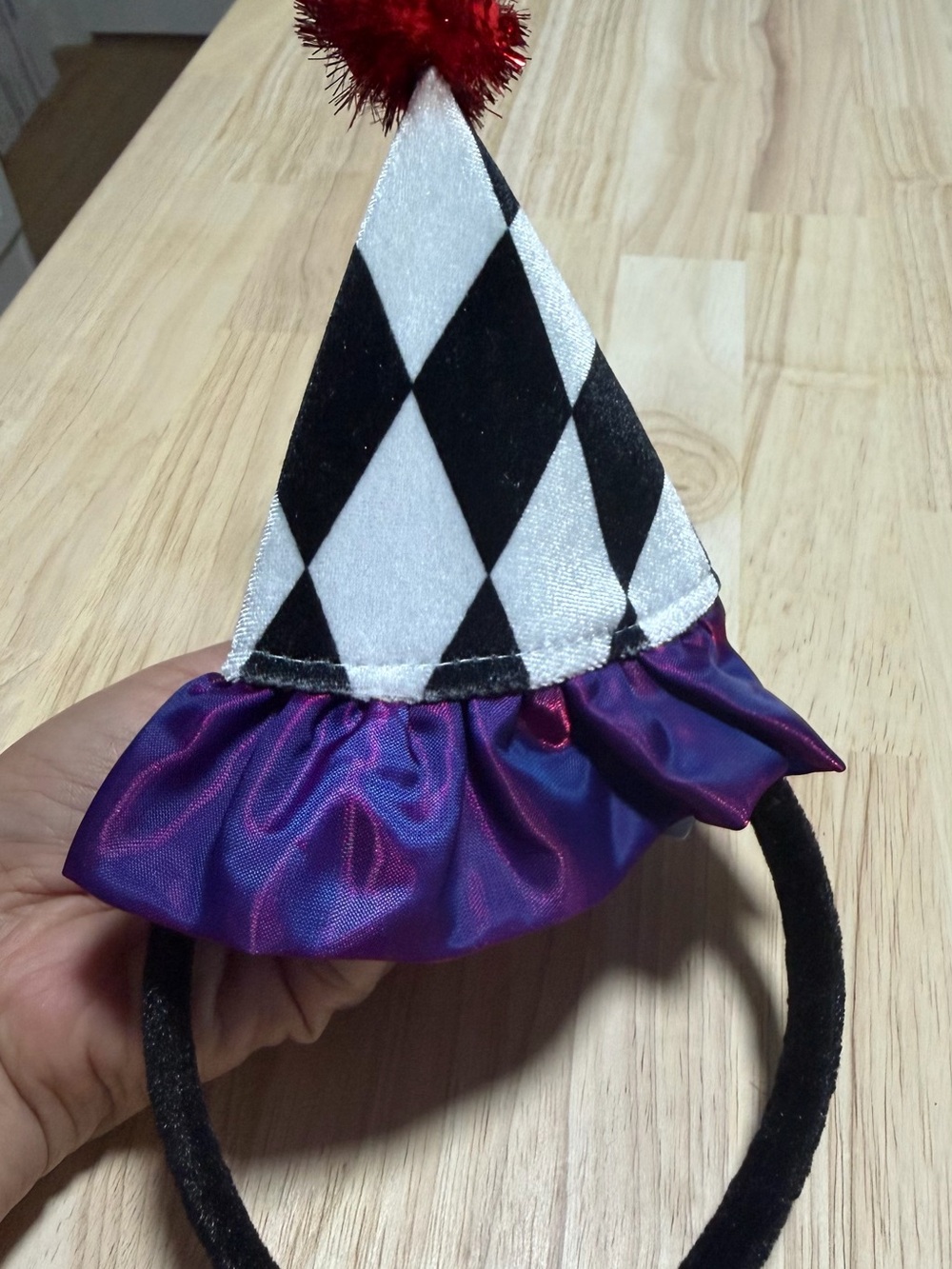 Spirit Black, White & Purple Harlequin Jester Costume with Red Pom - Picture 7 of 7